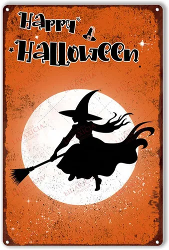 Miniatura 13 de Letrero de hojalata retro con diseño de bruja de Halloween para pared de garaje, pared de taller, 8.00 x 12.00 pulgadas