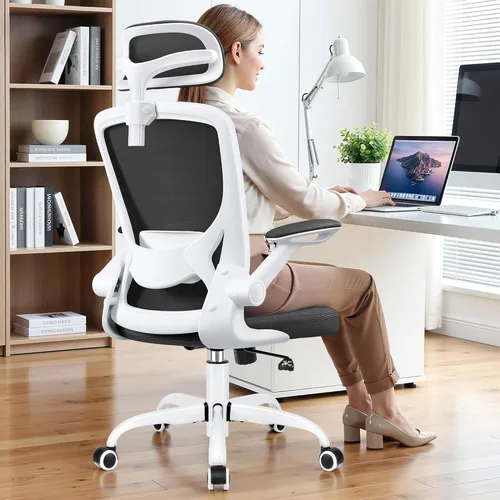 Miniatura 10 de BESTFAIR Silla de oficina ergonómica, sillas de oficina de malla transpirable con soporte lumbar ajustable, brazos abatibles, silla de escritorio