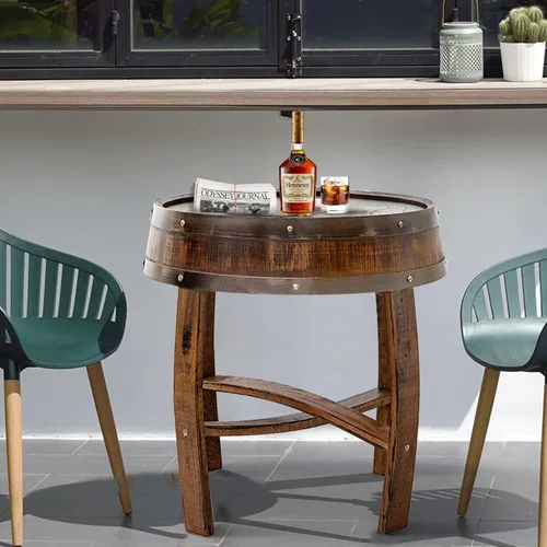Miniatura 6 de Mesa de centro de granja, mesa auxiliar redonda rústica – Mesa auxiliar de madera maciza para sala de estar, mesa decorativa de barril de whisky
