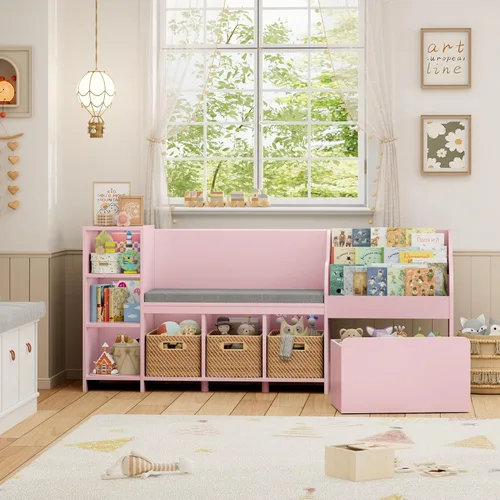 Miniatura 11 de HOSTACK Rincón de lectura para niños de 67 pulgadas de ancho con organizador de almacenamiento de juguetes, estantería grande para niños con caja