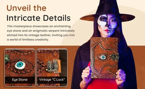 Miniatura 7 de Cuaderno de piel de hechizos personalizable Hocus Pocus con diseño de tercer ojo, papel con borde antiguo, grimorio vintage, cuaderno de bruja
