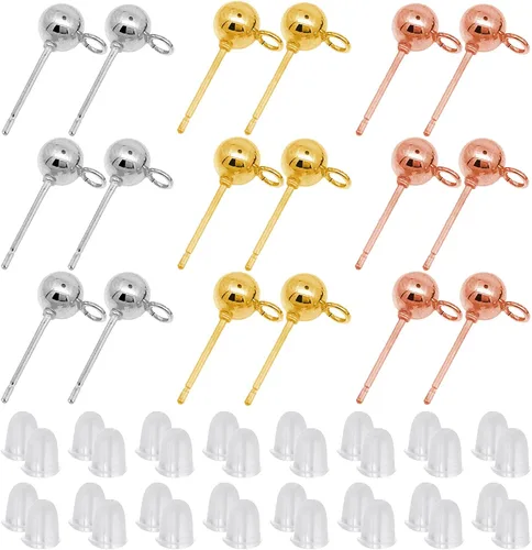 Juego de 600 aretes de bola para hacer joyas, 300 aretes de bola con lazo con 300 aretes de goma para hacer joyas