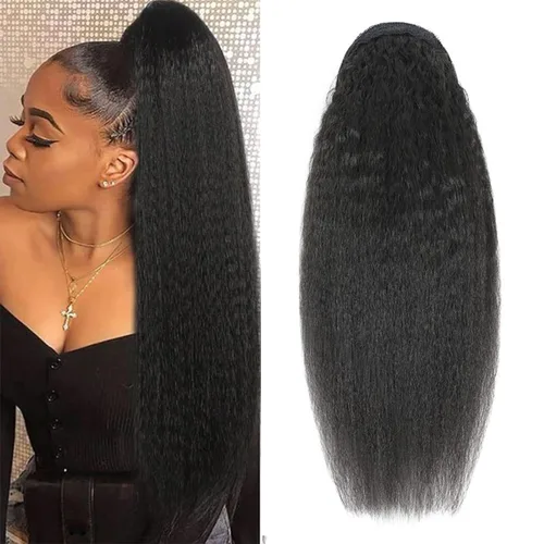 Miniatura 32 de Extensiones de pelo rizado con cordón para cola de caballo, extensiones de cabello humano para mujer con dos clips 1B# 120g/set (71cm)