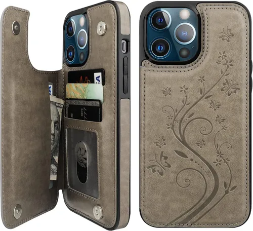 Miniatura 9 de Vaburs Funda compatible con iPhone 13 Pro Max con tarjetero y diseño de mariposa en relieve, de piel sintética, doble botón, a prueba de golpes, Azul