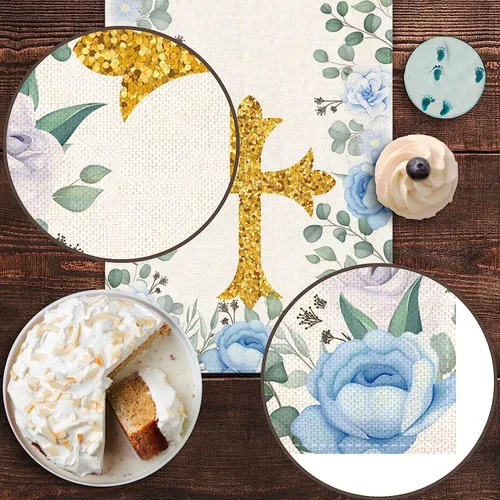 Miniatura 5 de Pudodo Camino de mesa de bautismo para niños, Dios bendiga la primera comunión, bautizo, baby shower, fiesta, cocina, comedor, decoración del hogar