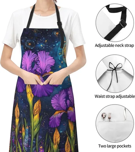Miniatura 6 de Delantal de cocina con estampado de lirios morados, ajustable, impermeable, con bolsillos, unisex