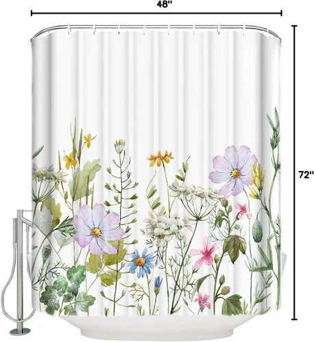 Miniatura 10 de YOKOU Cortina de ducha, flores silvestres con estampado floral de acuarela de primavera, plantas repelentes al agua, tela de poliéster, cortinas