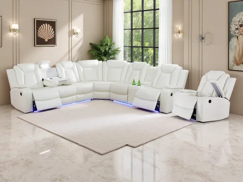 Miniatura 39 de Juego de sofá de cuero transpirable con puerto USB, 5 sofás seccionales reclinables en forma de L y 2 sillas, juego de sofá seccional reclinable