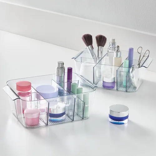 Miniatura 3 de iDesign Organizador de maquillaje para encimera, almacenamiento para cosméticos y artículos de tocador, juego de 2, transparente, fabricado