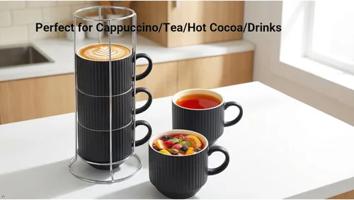 Miniatura 8 de HASENSE Juego de 4 tazas de café de cerámica con soporte, tazas grandes apilables para café con soporte de metal, aptas para lavavajillas y Negro
