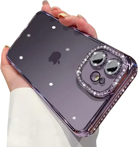 Miniatura 24 de Funda compatible con iPhone 11 Pro Max con protector de lente de cámara de diamante con purpurina, bonita funda de cristal transparente a prueba