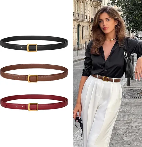 Miniatura 435 de Cinturón de cuero clásico con hebilla de metal para mujer con vestido de jeans
