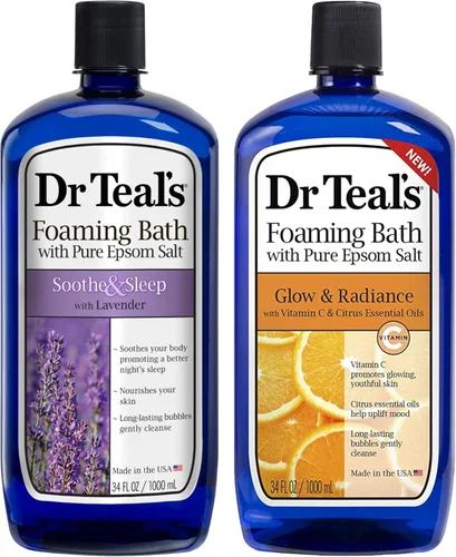 Dr. Teal's - Set de regalo de variedad de baño espumoso (paquete de 2, 34 onzas cada una) – Calmar y dormir lavanda, resplandor y resplandor