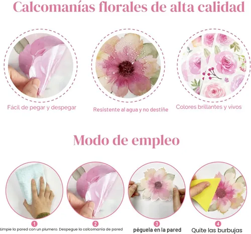 Miniatura 6 de AOWDIAO 60 calcomanías de pared de flores para despegar y pegar, vinilo de acuarela, peonía floral y hojas, calcomanías de pared de flores pastel