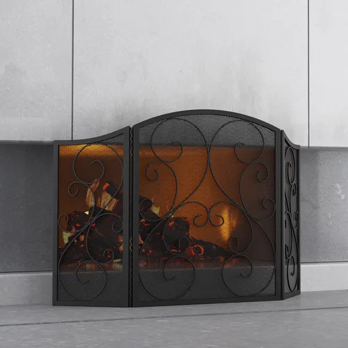Miniatura 3 de Pantalla para chimenea Fire Beauty de 3 paneles, hierro forjado de metal, 121,9 cm (L) x 76,2 cm (H), cubierta protectora contra chispas (negro)