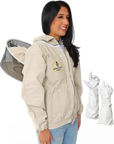 Miniatura 6 de Chaqueta de apicultura con velo redondo y guantes, chaqueta de abeja de lona natural con cremalleras de latón YKK duraderas para apicultores