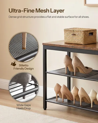 Miniatura 4 de HOOBRO Banco de zapatos de 3 niveles, organizador industrial de zapatos, banco de almacenamiento de 29.5 pulgadas con estantes de malla, para Marrón