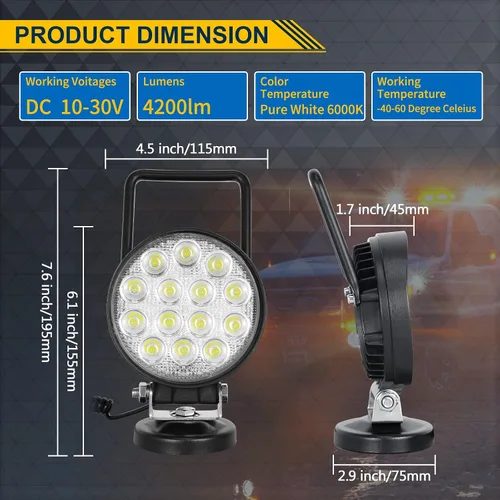 Miniatura 6 de RIGIDON Luz de trabajo LED de 4 pulgadas y 42 W con base magnética, luz redonda impermeable de 12 V 24 V, luces antiniebla LED para automóvil, SUV