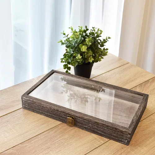 Miniatura 7 de MOOCA Caja de almacenamiento de 2 piezas de vidrio templado de madera con cierre de metal, bandeja de joyería de madera para coleccionables, vitrina