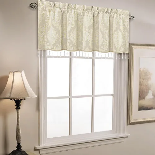 Miniatura 2 de Loom and Mill Cenefas de jacquard de lujo para ventana de sala de estar, elegante cenefa de cortina de damasco beige con ribete de cuentas, cortina