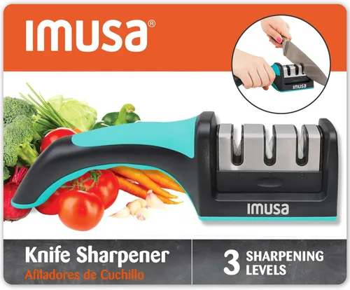 IMUSA - Afilador de cuchillos de cocina con diseño de afilador de cuchillas de acero inoxidable de 3 etapas, fácil de usar, kit ergonómico de Verde