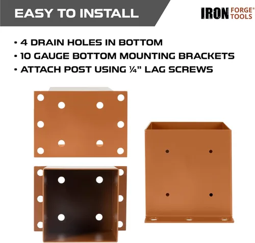 Miniatura 4 de Iron Forge Tools Base de poste de 6 x 6 pulgadas para hormigón, paquete de 4 anclajes de acero resistente con recubrimiento de polvo marrón