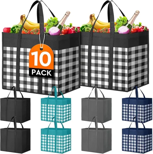 Miniatura 12 de WISELIFE Bolsas de compras reutilizables para comestibles, paquete de 10 bolsas de mano plegables grandes a granel bolsas de productos ecológicos