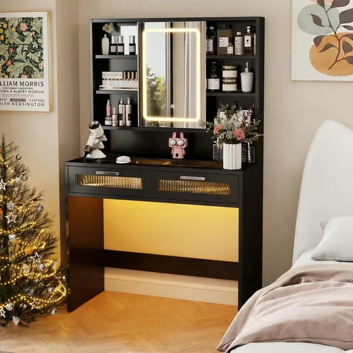 Hadulcet Escritorio de tocador moderno negro con espejo LED de 3 modos, estación de carga y luces RGB, tocador pequeño con amplio almacenamiento,