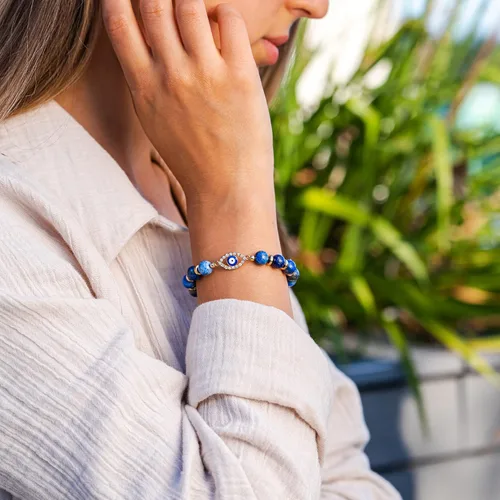 Miniatura 9 de VIBE MOOD ENERGY - Pulsera de protección Pulsera de cuentas de lapislázuli con dije contra el mal de ojo Pulsera de triple protección para aliviar