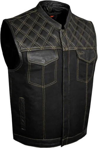 Miniatura 8 de GARGOYLE BELLS Chaleco de moto de mezclilla y cuero para hombre con bolsillos para pistola SOA Biker Club Chaleco con acolchado de diamante