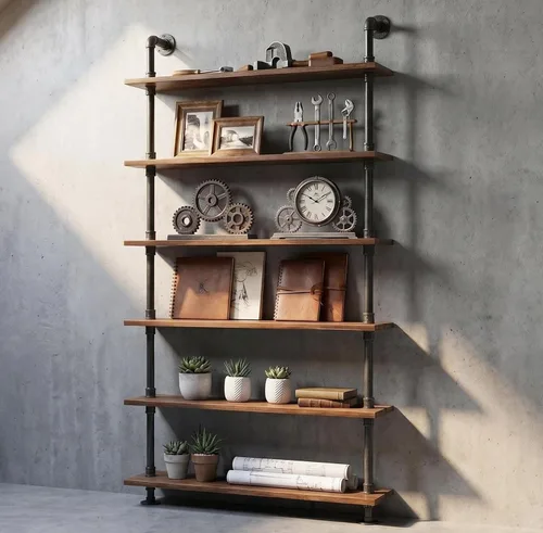 Miniatura 9 de Estantes industriales de tubería rústica y moderna estantería de escalera de madera de 24 pulgadas de ancho con marco de metal, estante de pared
