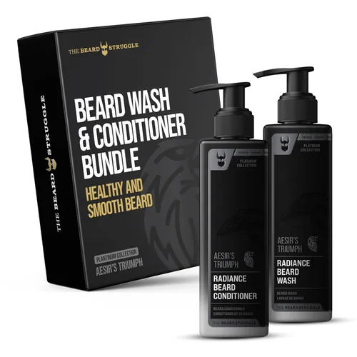 The Beard Struggle Radiance - Paquete de lavado y acondicionador para barba para hombre, colección Platino, paquete de 2, Aesir's Triumph, nutre,