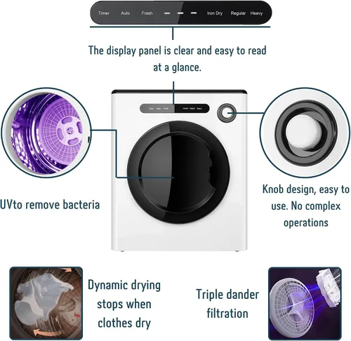 Miniatura 4 de Dessiz Secadora compacta de 11 libras de 950 W, secadora de ropa portátil para espacios pequeños, caravanas y apartamentos, silenciosa, resistente