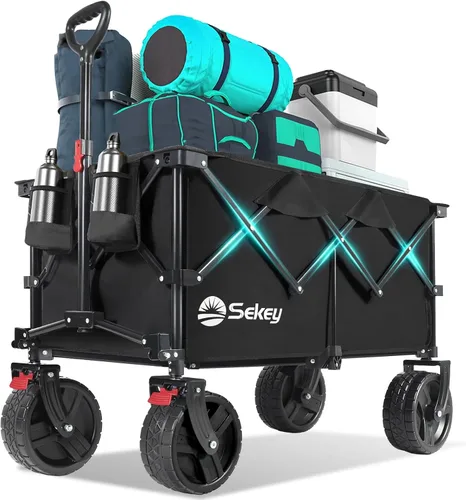 Sekey Carritos Vagones Plegables de 220L con Ruedas Grandes Todo Terreno para Playa, Vagón Plegable de Trabajo Pesado con Portavasos, Vagón Plegable