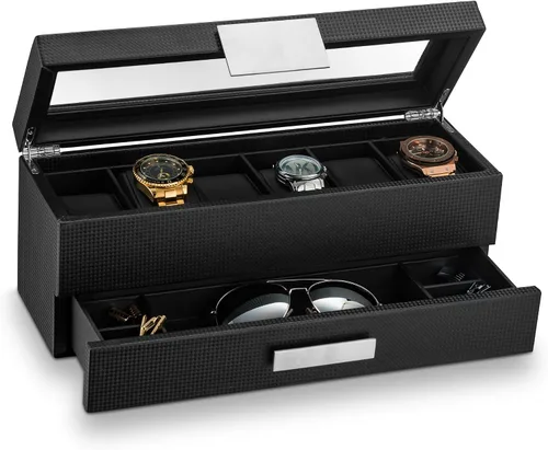 Caja de reloj con cajón de Valet para hombre - organizador de exhibición de la caja de reloj de lujo de 6 ranuras, diseño de fibra de carbón para