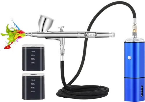 Kit de aerógrafo inalámbrico de parada automática con kit de compresor, pistola de cepillo de aire recargable de doble acción, conecta con Azul