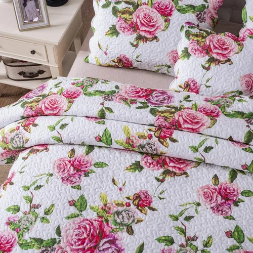 Miniatura 4 de DaDa Bedding Juego de colcha floral de rosas románticas, encantador color rosa y blanco festoneado, colorido, ligero, transpirable, colcha acolchada