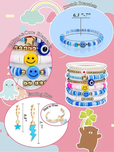 Miniatura 2 de Preppy Heishi - Juego de pulseras de surfista para niñas adolescentes, bonitos aretes estéticos, anillos estéticos preppy coloridos de oro blanco