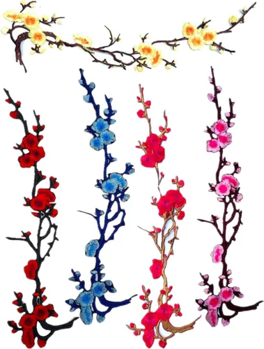 MSCFTFB 5 parches para planchar con flores de ciruelo de 14 pulgadas de largo, parches bordados florales, apliques para escote de zapatos, jeans,