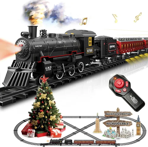 Miniatura 12 de Juego de tren para niños con control remoto, juguetes de tren con locomotora de vapor, tanque de combustible y pistas de lujo, trenes eléctricos