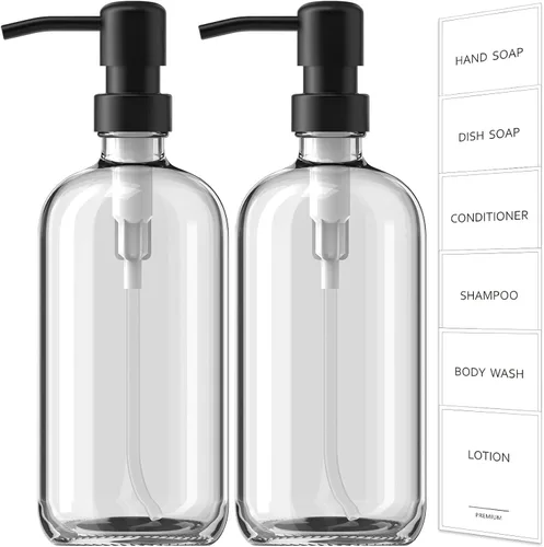 Miniatura 12 de Dispensador de jabón de vidrio ámbar GMISUN, juego de 2 dispensadores de jabón de mano para baño con bomba de acero inoxidable, juego de dispensador