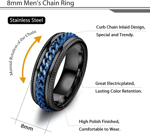 Miniatura 2 de FIBO STEEL - Anillos de acero inoxidable de 8mm para hombres, anillos con cadena incrustada y borde con textura, disponible en tallas 7-14
