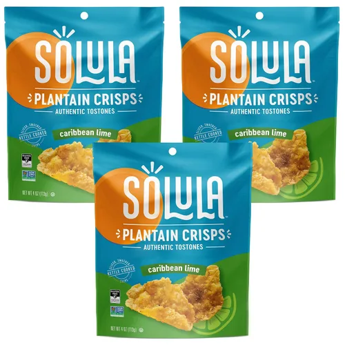 Solula Plátano Crisps Authentic Tostones, lima caribeña, 4 onzas (paquete de 3), papas fritas cocidas, sin gluten, aptas para paleo, sin granos,