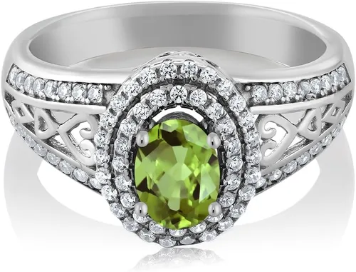 Miniatura 15 de Anillo de compromiso con halo de piedra preciosa y piedra natal en plata chapada en oro amarillo de 18 quilates, ovalado, 0.236 x 0.157 pulgadas