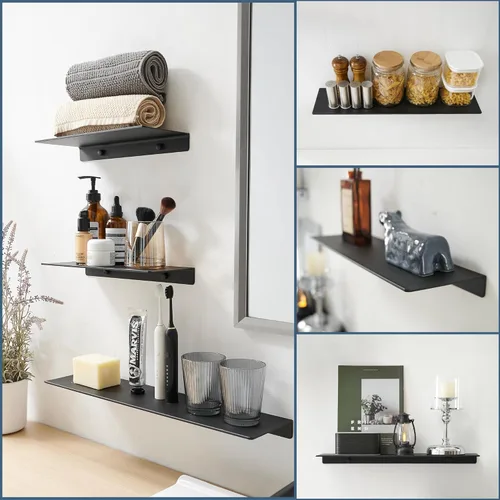 Miniatura 6 de JOOM Estante de pared de metal, flotante, 12" negro, pequeño, estantes de exhibición para almacenamiento (negro, 12 pulgadas)