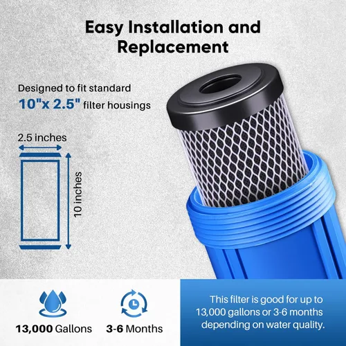 Miniatura 8 de Cartucho de filtro de agua de carbono CTO de 1 micrón, 2.5 x 10 pulgadas, repuesto para sistema de filtro de agua debajo del fregadero, Dupont