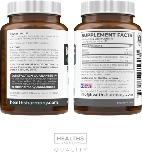 Miniatura 8 de Cápsulas de aceite de semilla negra prensado en frío - Suplemento vegano sin OMG de semilla negra Nigella Sativa con Omega 3 DHA para el bienestar