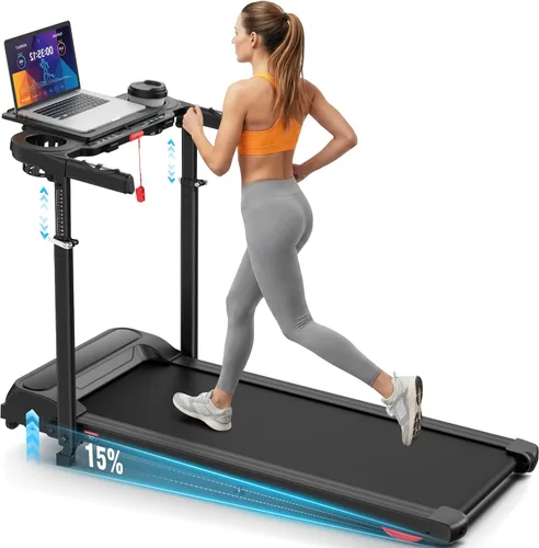 ANCHEER - Cinta de correr con inclinación del 15% y tapete para caminar con estación de trabajo y escritorio ajustable, portátil para el hogar con