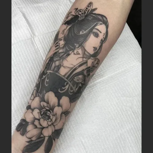 Miniatura 7 de 6 hojas de brazo falso impermeable cuerpo arte temporal tatuajes pegatinas negro japonés geisha samurai mujeres flor loto TBS-04