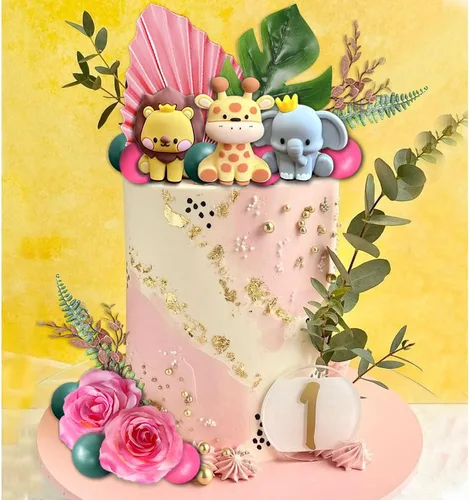 Miniatura 6 de 22 adornos de animales de selva de safari para tartas, bolas de flores, decoración de tartas con hojas de palmeras bohemias, juguetes de animales